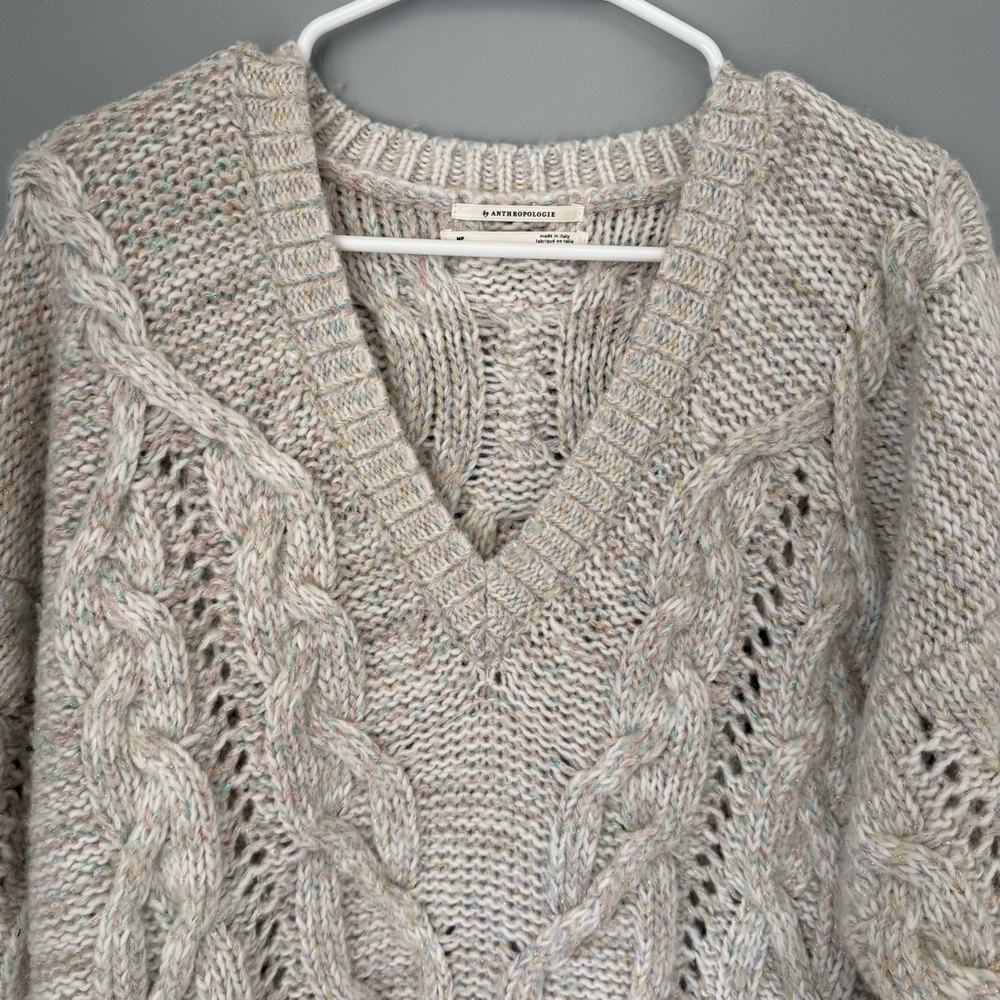 Anthropologie V- Neck Drama Rainbow Metallic Cable Knit Sweater - Picture 4 of 11